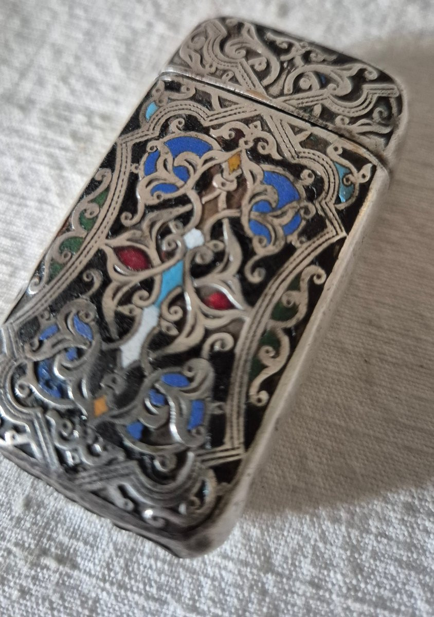 Pyrogène Boîte d'Allumettes de poche métal argenté émail cloisonné -photo-4