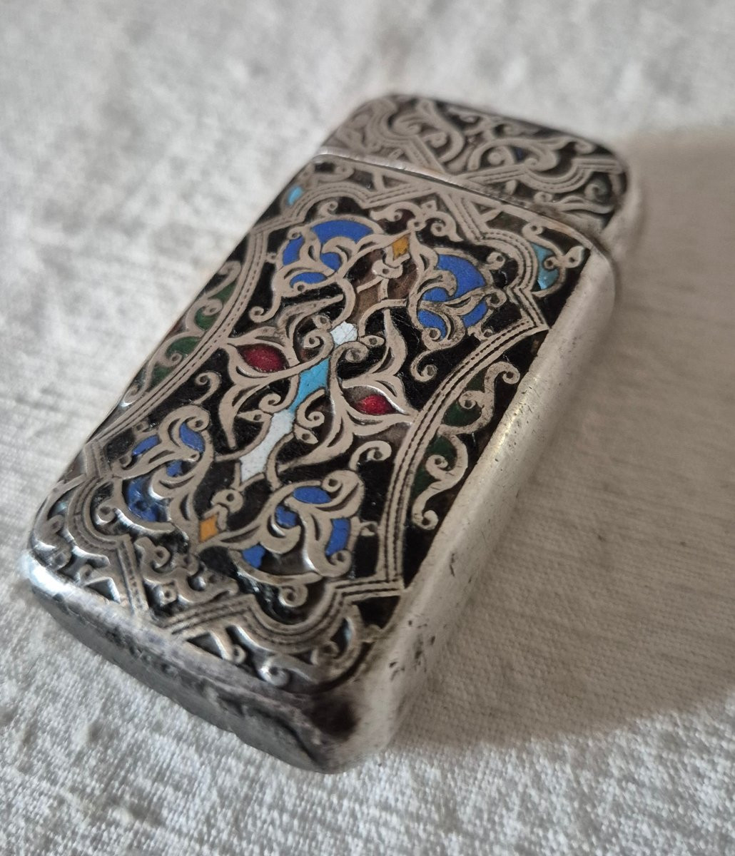 Pyrogène Boîte d'Allumettes de poche métal argenté émail cloisonné -photo-1