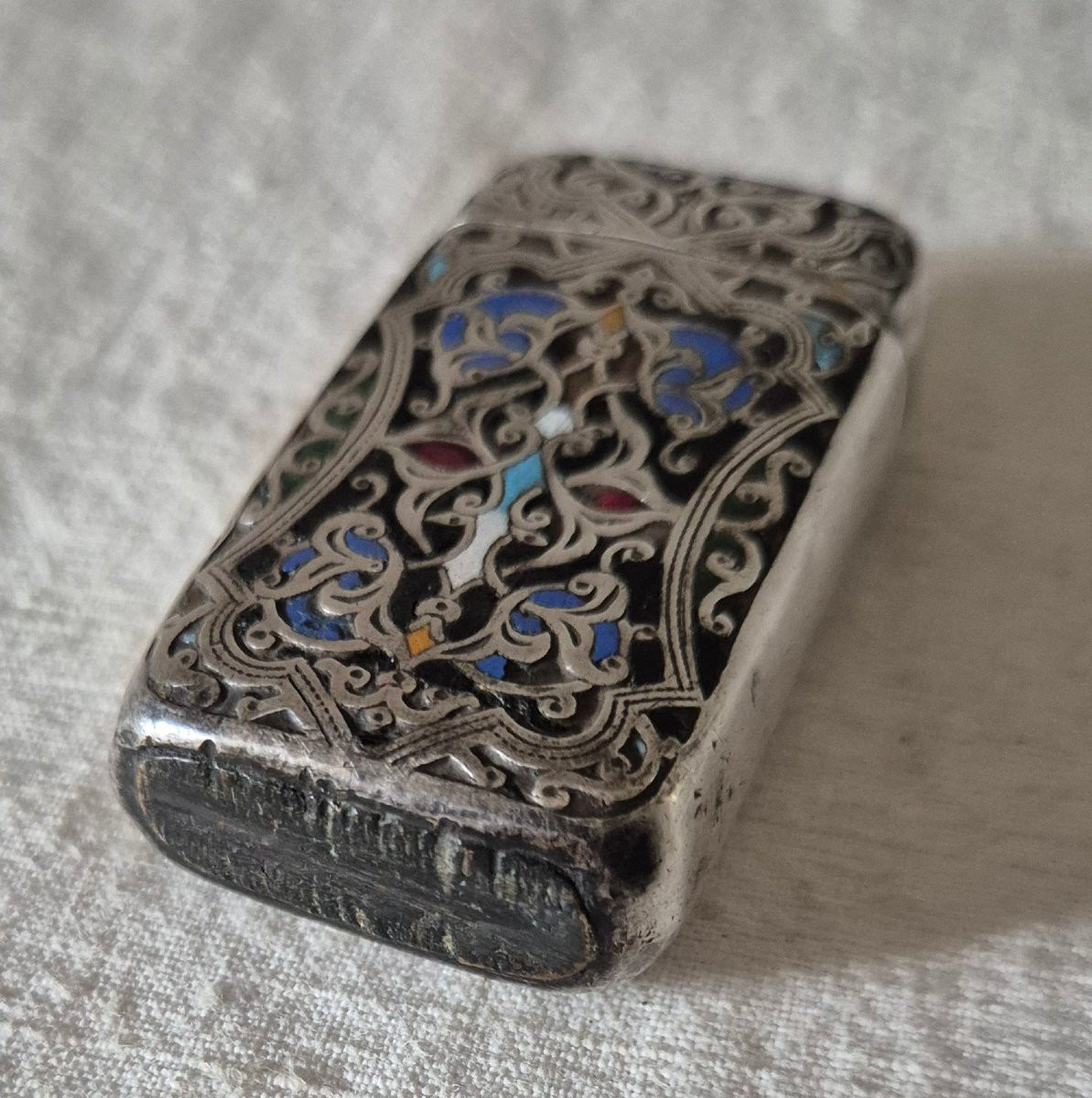 Pyrogène Boîte d'Allumettes de poche métal argenté émail cloisonné -photo-3