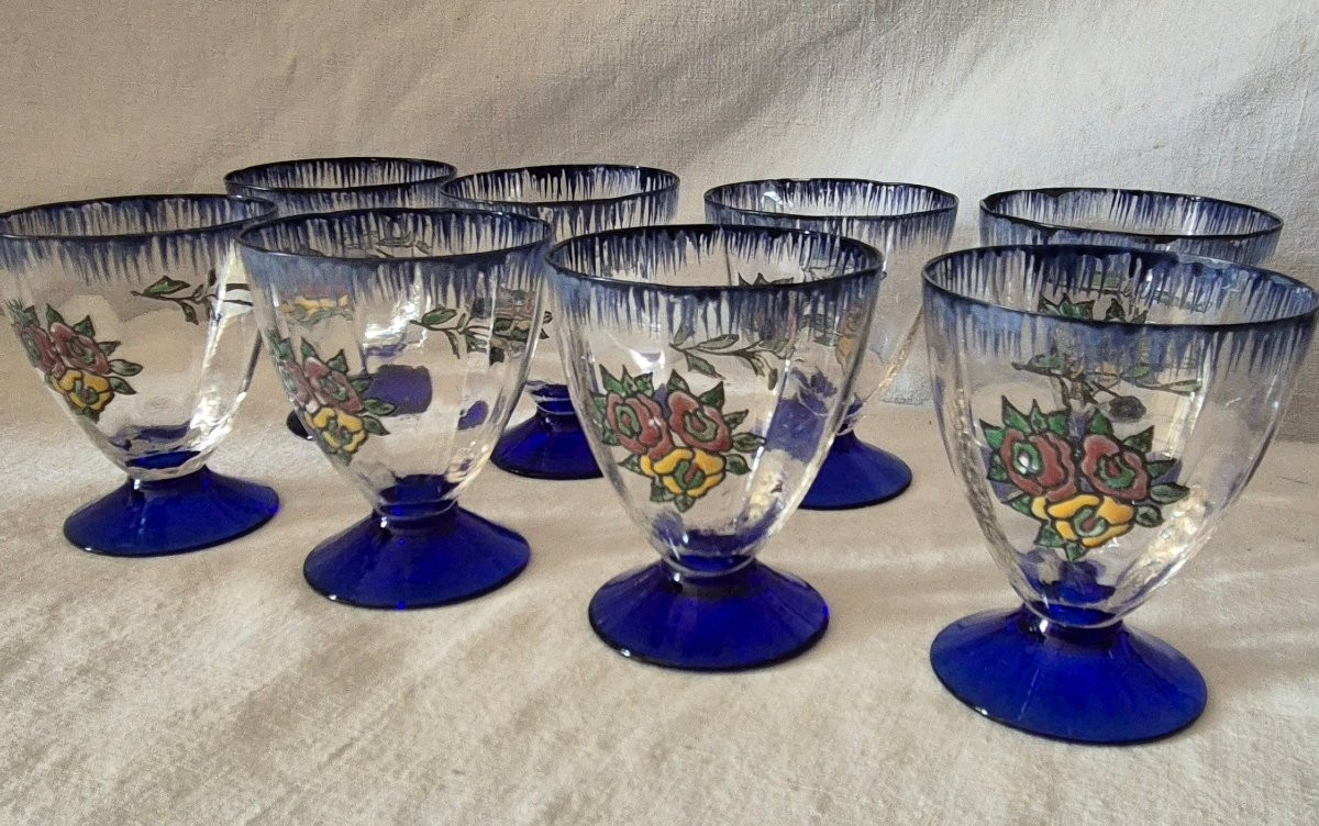 Ensemble de 16 verres de table Art Déco à décor floral stylisé émaillé -photo-1