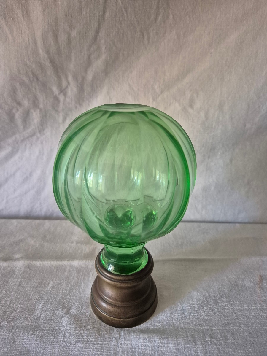 19th Century Cut Glass Stair Ball In Uranium Green 