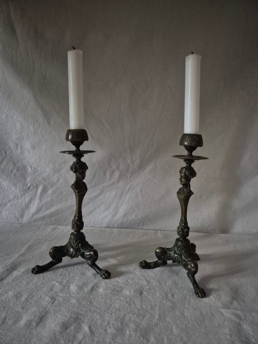 Pair Of 19th-century Bronze Tripod Candlesticks With Caryatids -photo-2