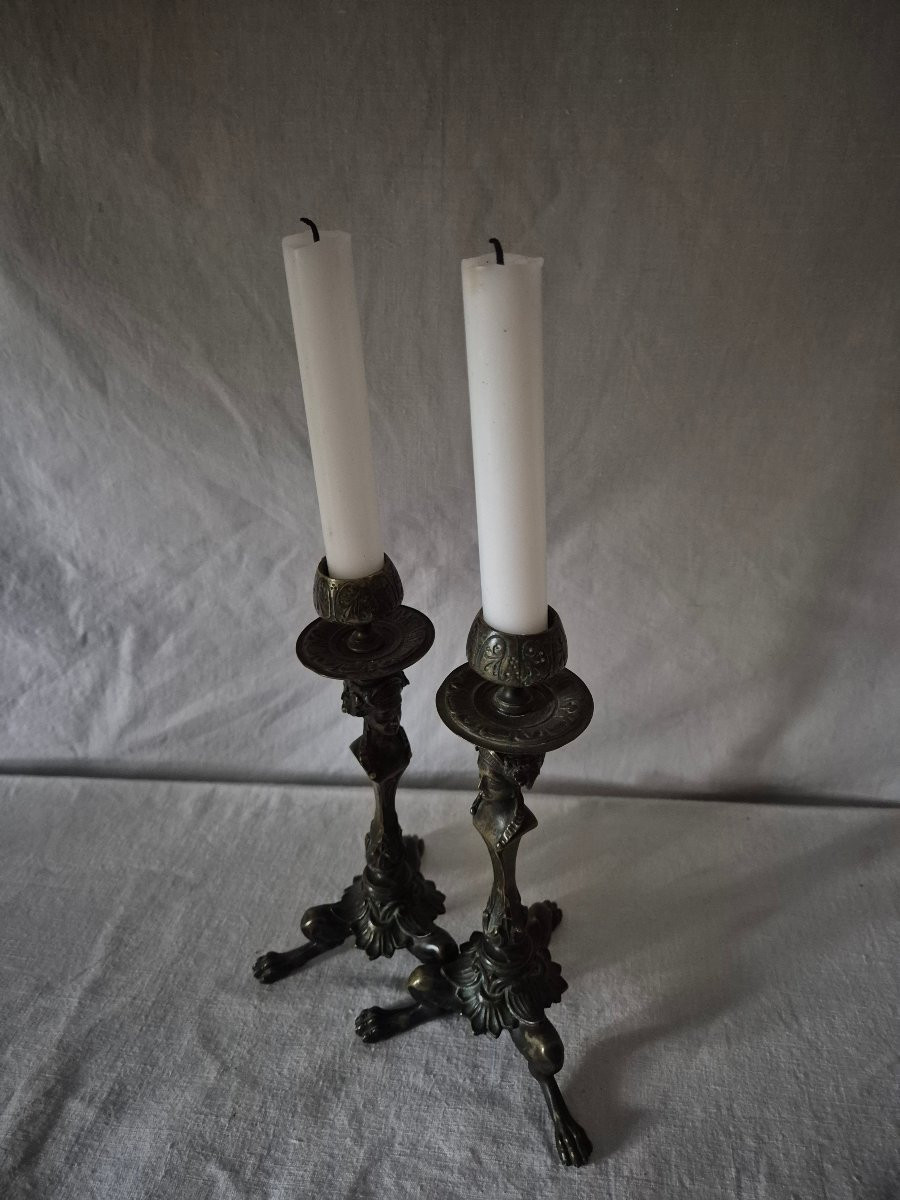 Pair Of 19th-century Bronze Tripod Candlesticks With Caryatids -photo-1