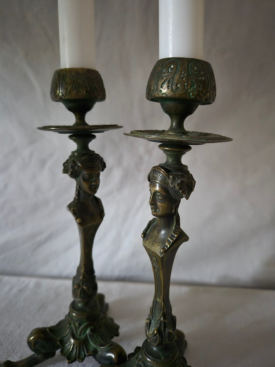 Pair Of 19th-century Bronze Tripod Candlesticks With Caryatids 