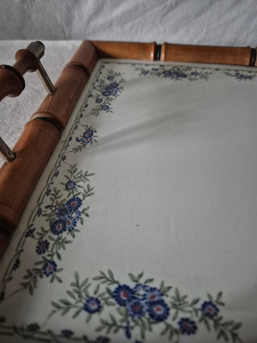 Plateau de service en faïence et merisier tourné façon bambou -photo-2