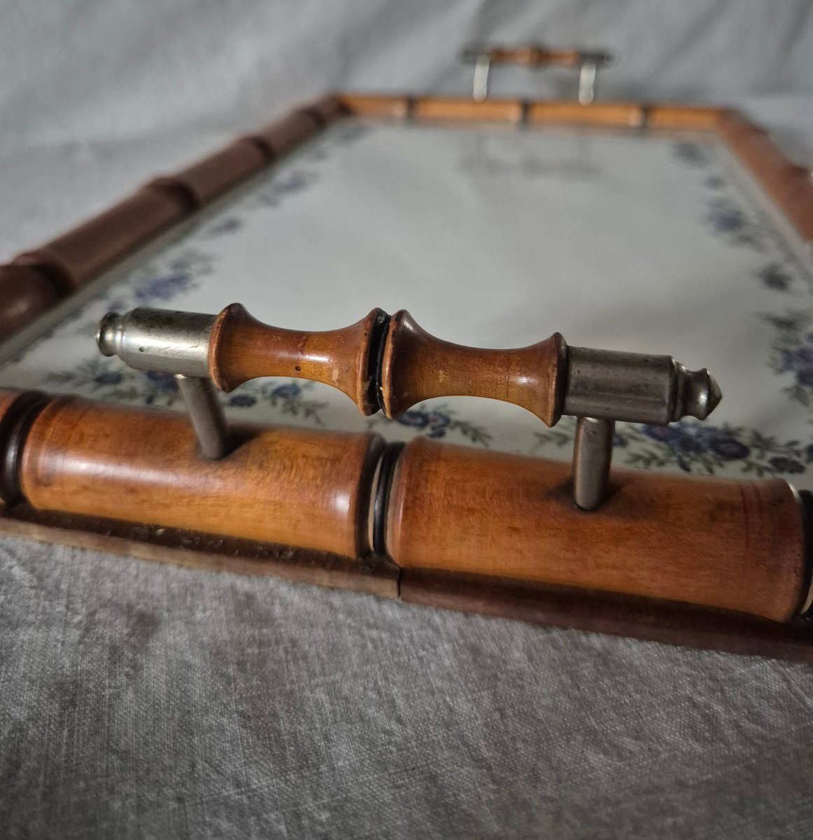 Plateau de service en faïence et merisier tourné façon bambou -photo-3