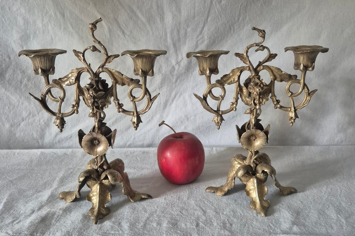 Paire de bougeoirs Art Nouveau naturaliste en bronze doré -photo-3