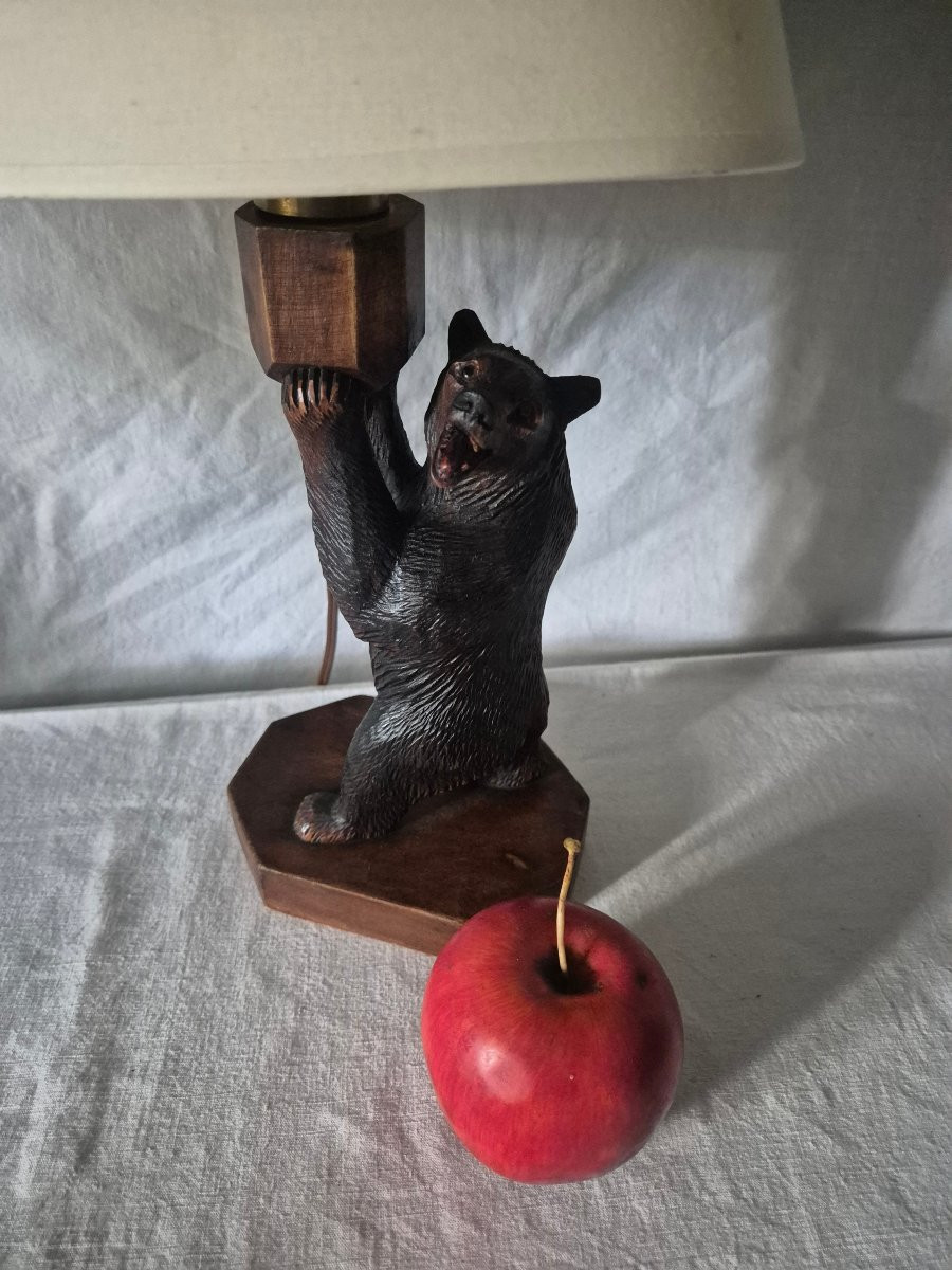 Black Forest Carved Wooden Bear Lamp -photo-2