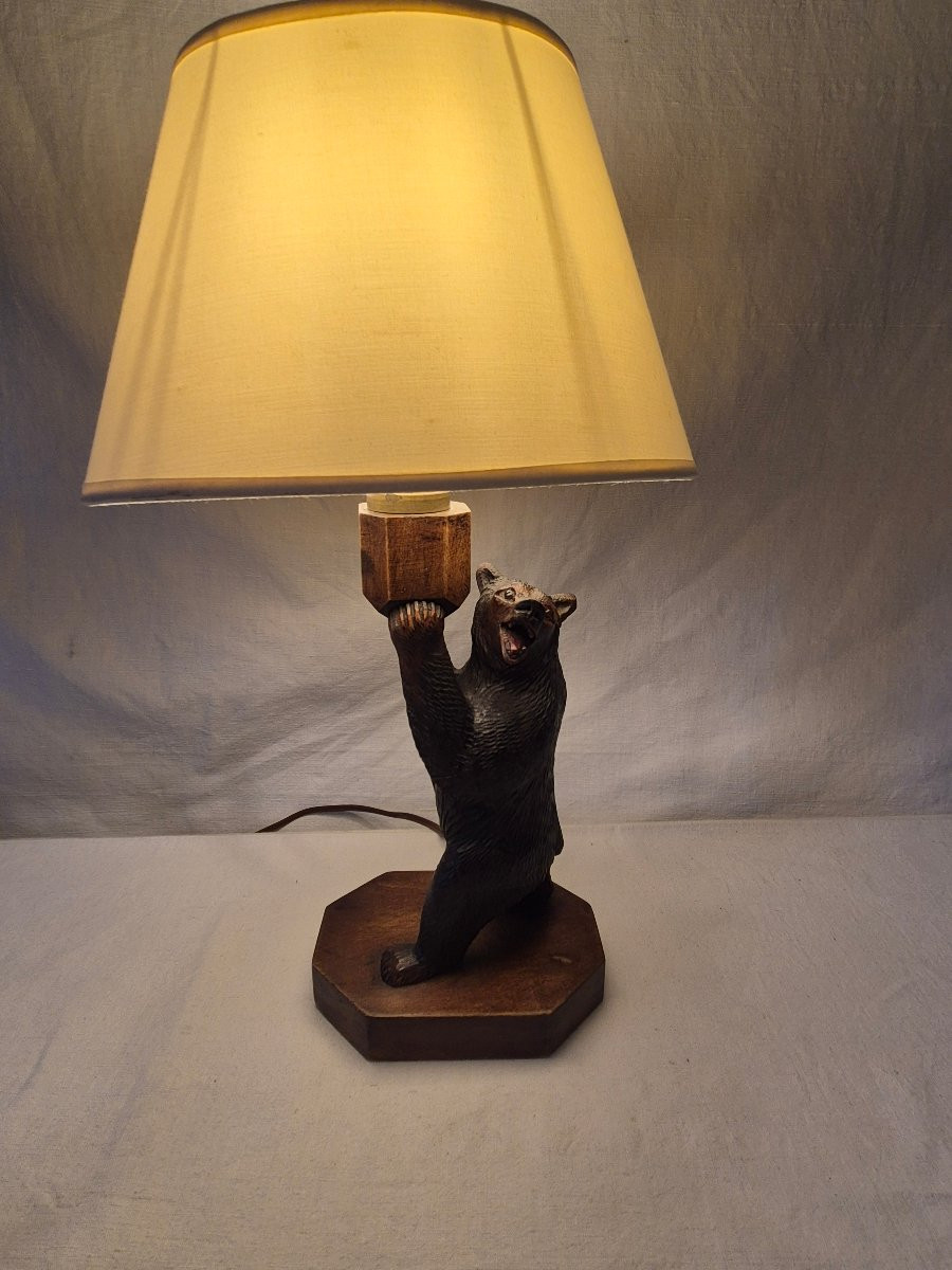 Black Forest Carved Wooden Bear Lamp -photo-3