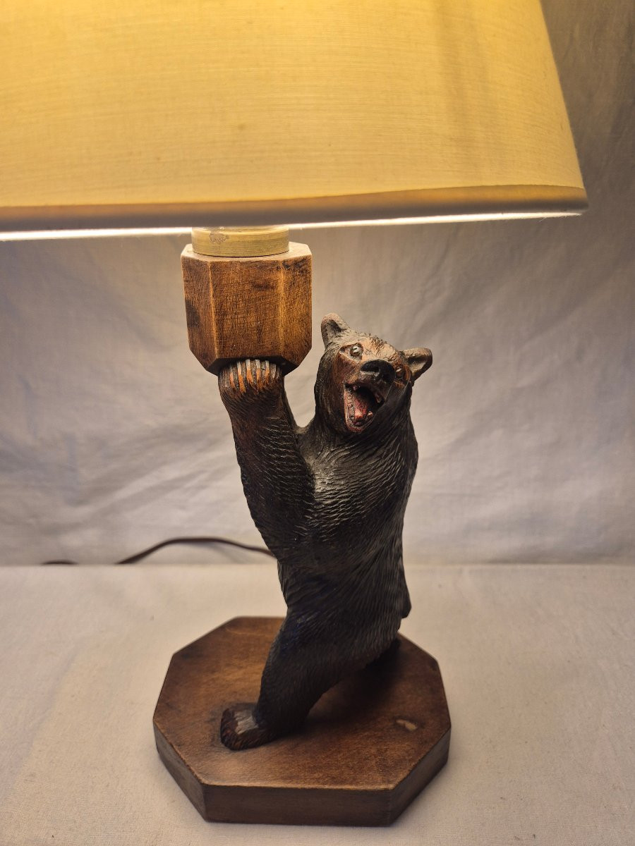 Black Forest Carved Wooden Bear Lamp -photo-4