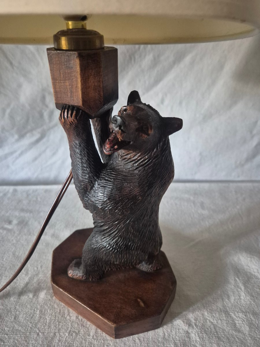 Black Forest Carved Wooden Bear Lamp -photo-2