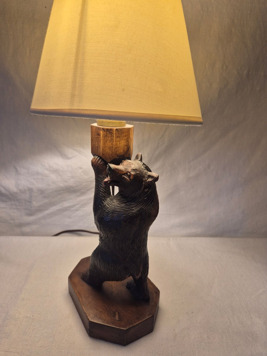 Black Forest Carved Wooden Bear Lamp -photo-3