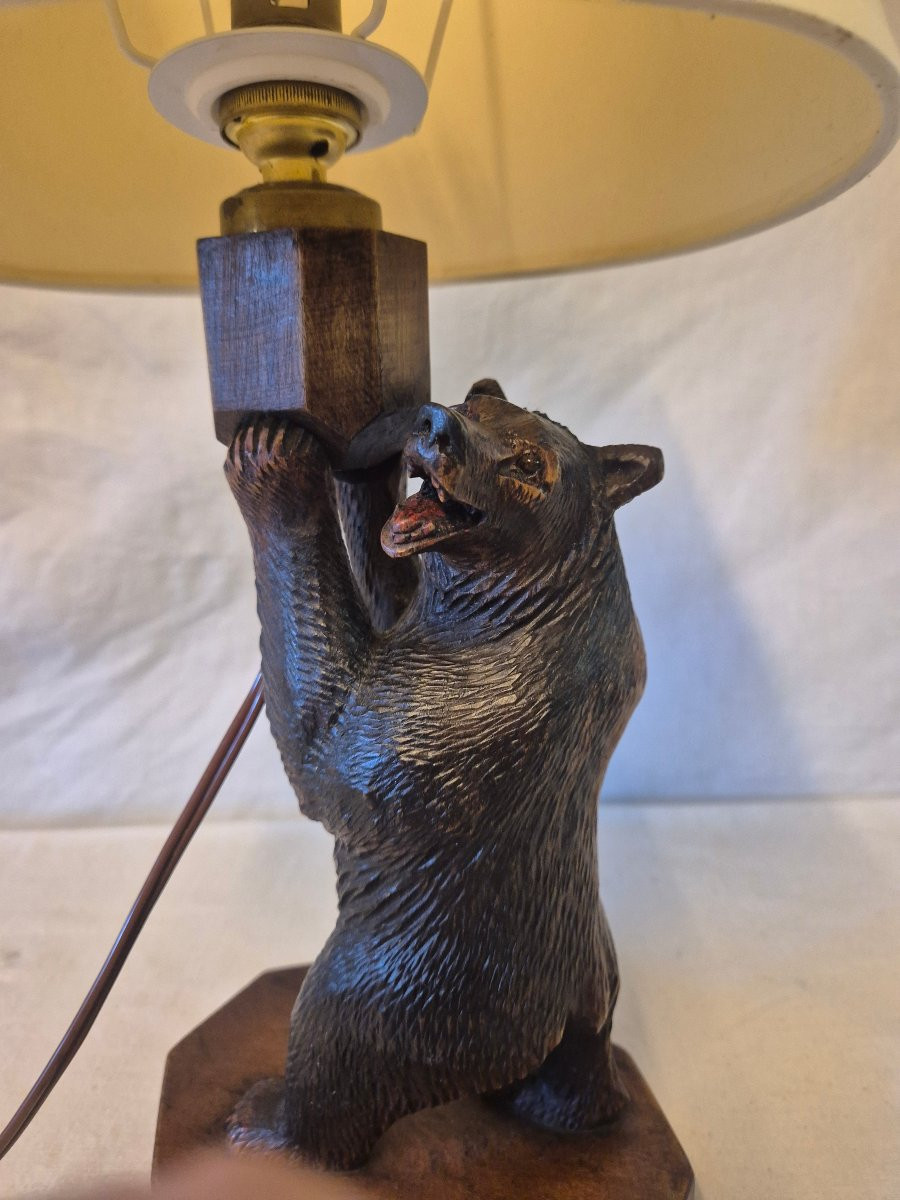 Black Forest Carved Wooden Bear Lamp -photo-5