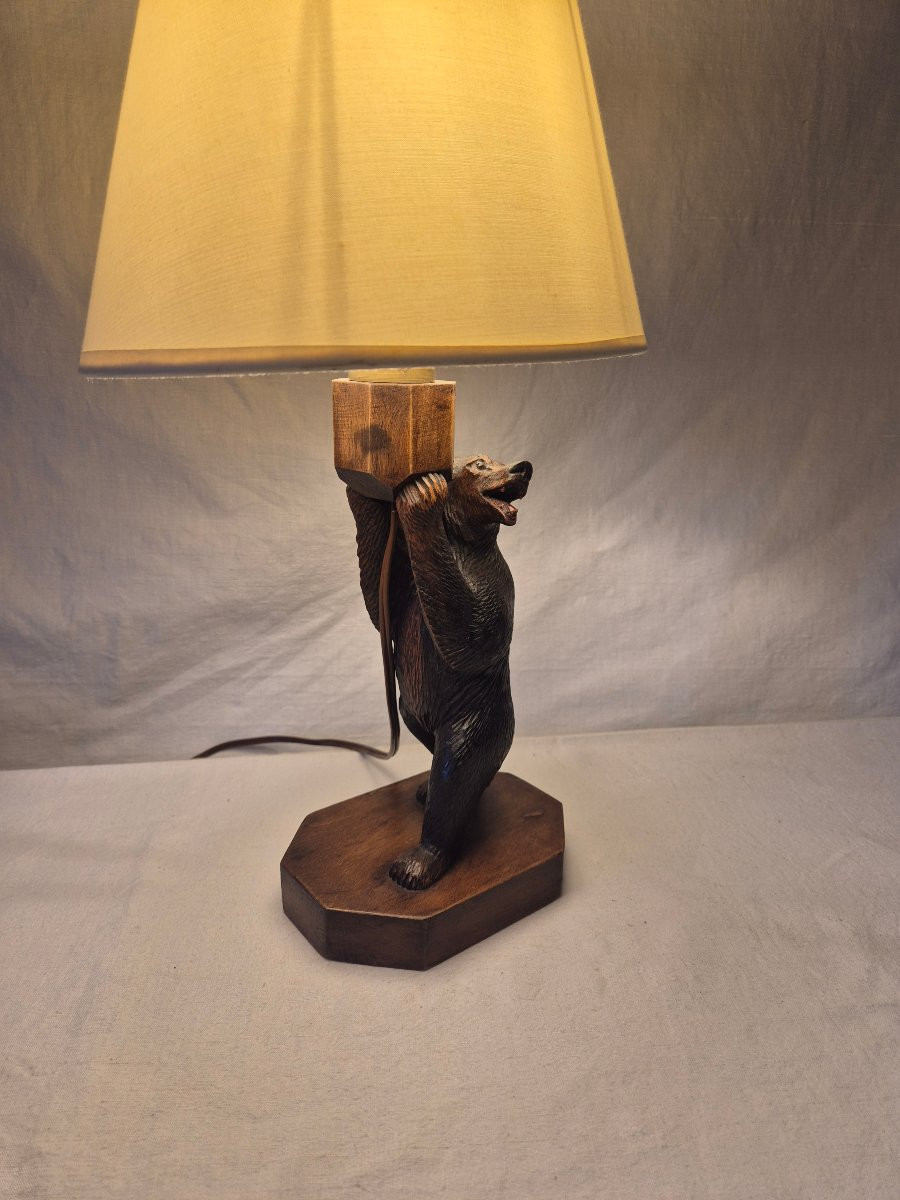 Black Forest Carved Wooden Bear Lamp -photo-7