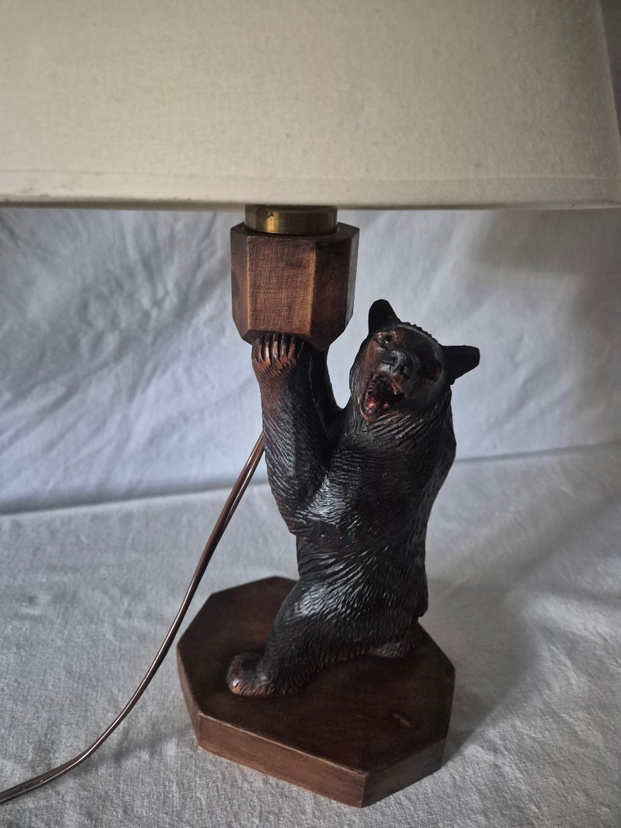 Black Forest Carved Wooden Bear Lamp 