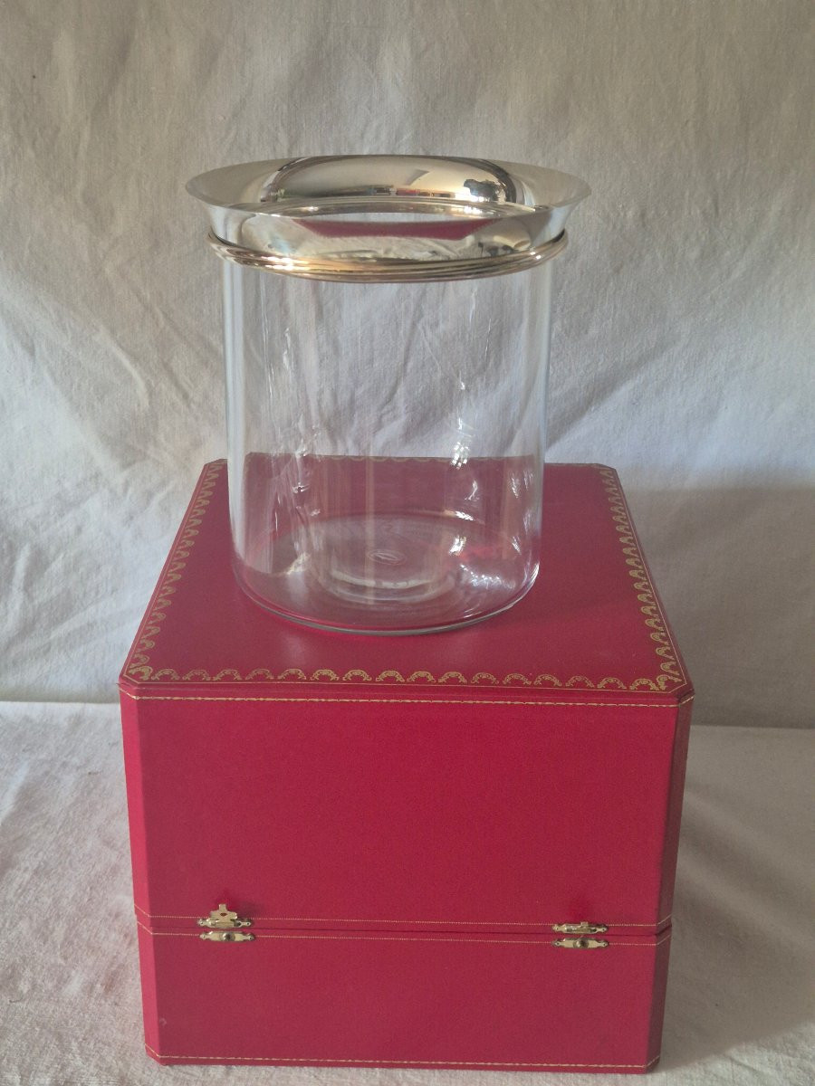 Sceau rafraîchissoir à champagne Cartier en cristal, argent et vermeil des années 1990-photo-2