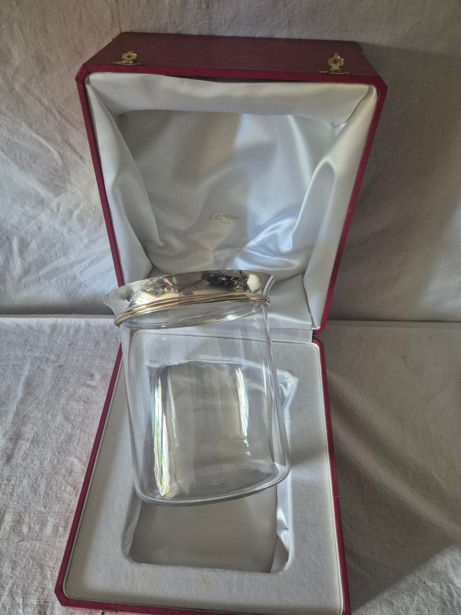 Sceau rafraîchissoir à champagne Cartier en cristal, argent et vermeil des années 1990