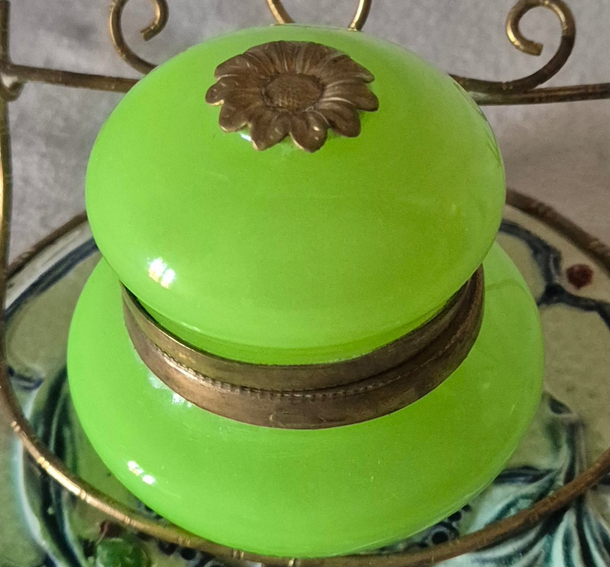 Encrier en opaline couleur ouraline dans monture de barbotine et bronze doré -photo-4