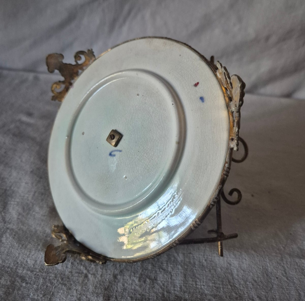 Encrier en opaline couleur ouraline dans monture de barbotine et bronze doré -photo-4