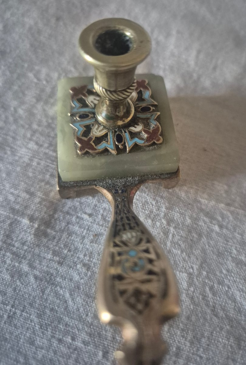 Special Doll Stand: Miniature Bronze Cloisonné Enamel And Onyx Candlestick, 19th Century -photo-1