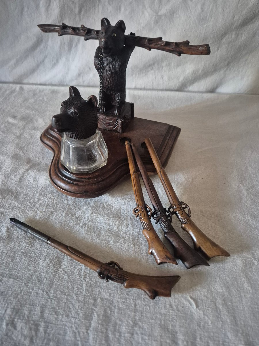 Encrier ours Forêt Noire avec son râtelier à fusils-porte plumes XIXème siècle -photo-3