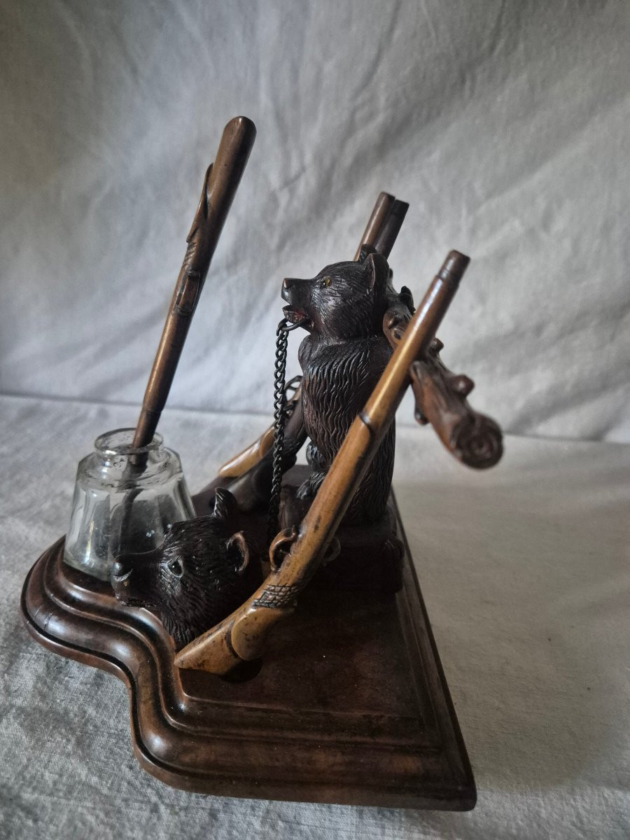 Encrier ours Forêt Noire avec son râtelier à fusils-porte plumes XIXème siècle -photo-1
