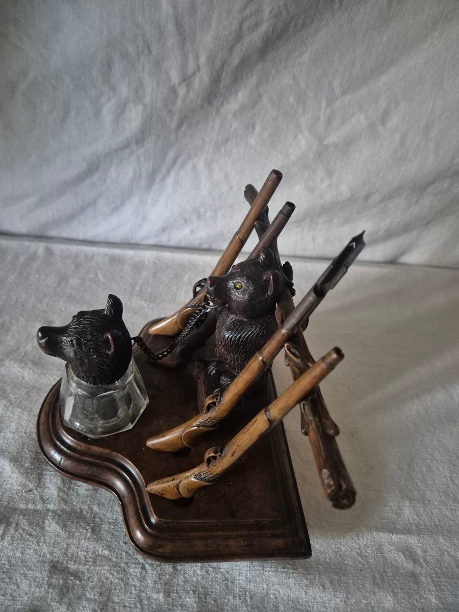 Encrier ours Forêt Noire avec son râtelier à fusils-porte plumes XIXème siècle -photo-2