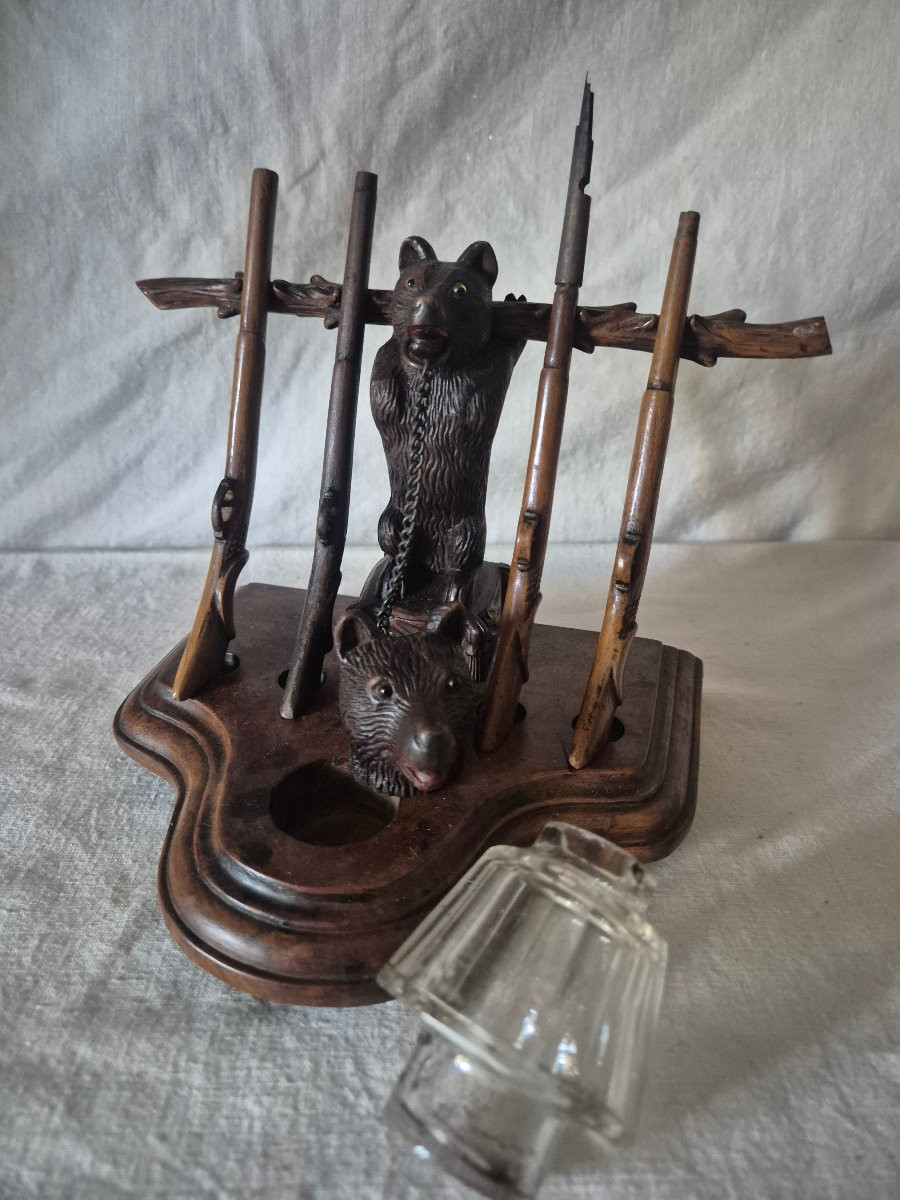 Encrier ours Forêt Noire avec son râtelier à fusils-porte plumes XIXème siècle -photo-3
