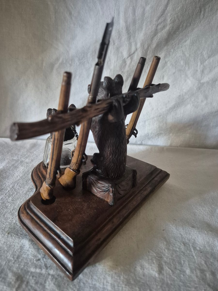Encrier ours Forêt Noire avec son râtelier à fusils-porte plumes XIXème siècle -photo-4