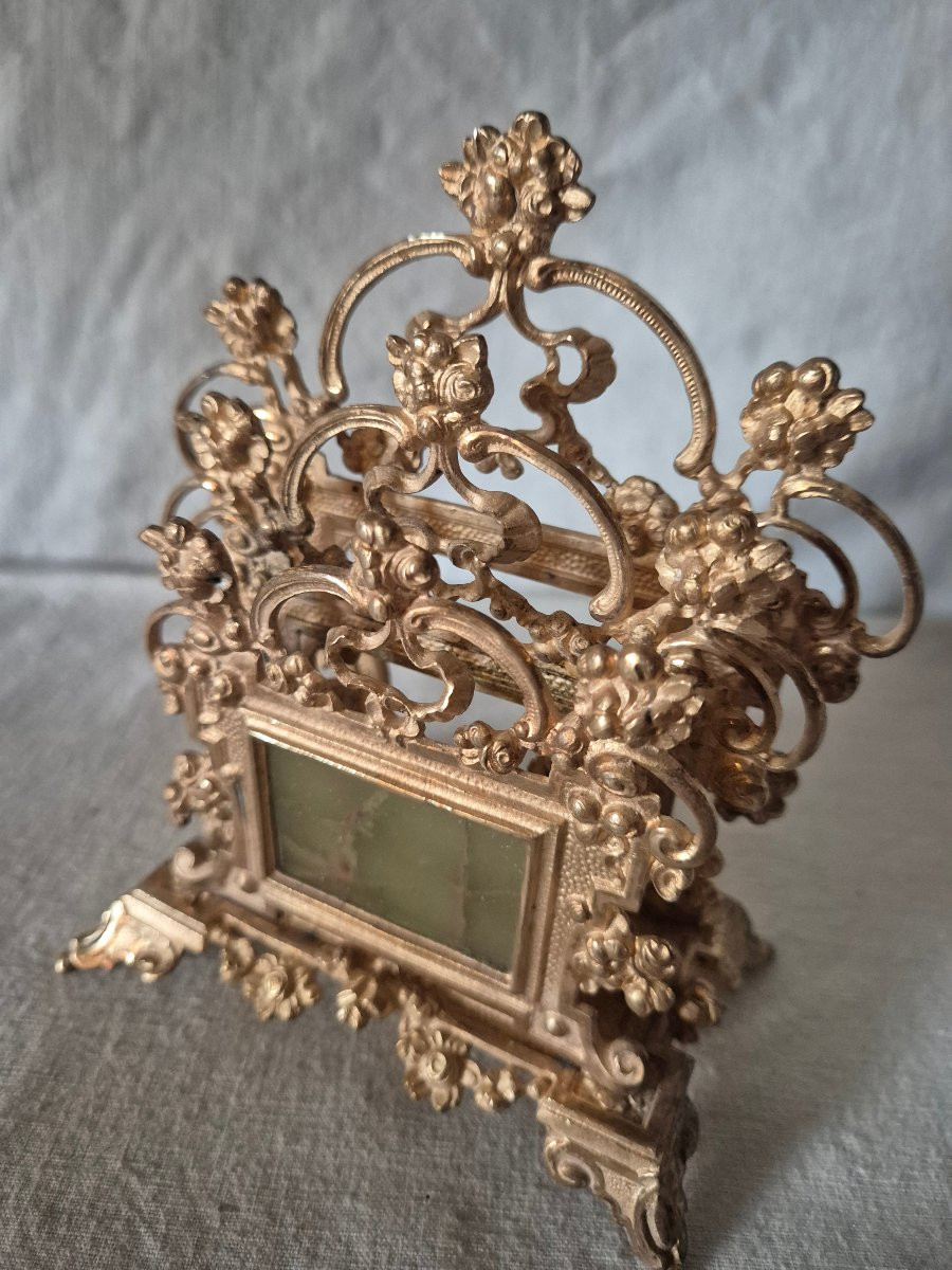 Desk Set: Letter And Document Holder And Two Candlesticks In Gilt Bronze And Onyx -photo-2