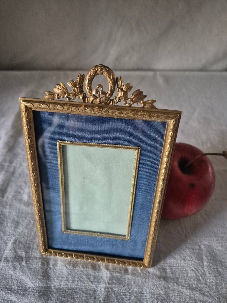 Cadre photo bronze doré à passe partout en moire bleu Second Empire -photo-2