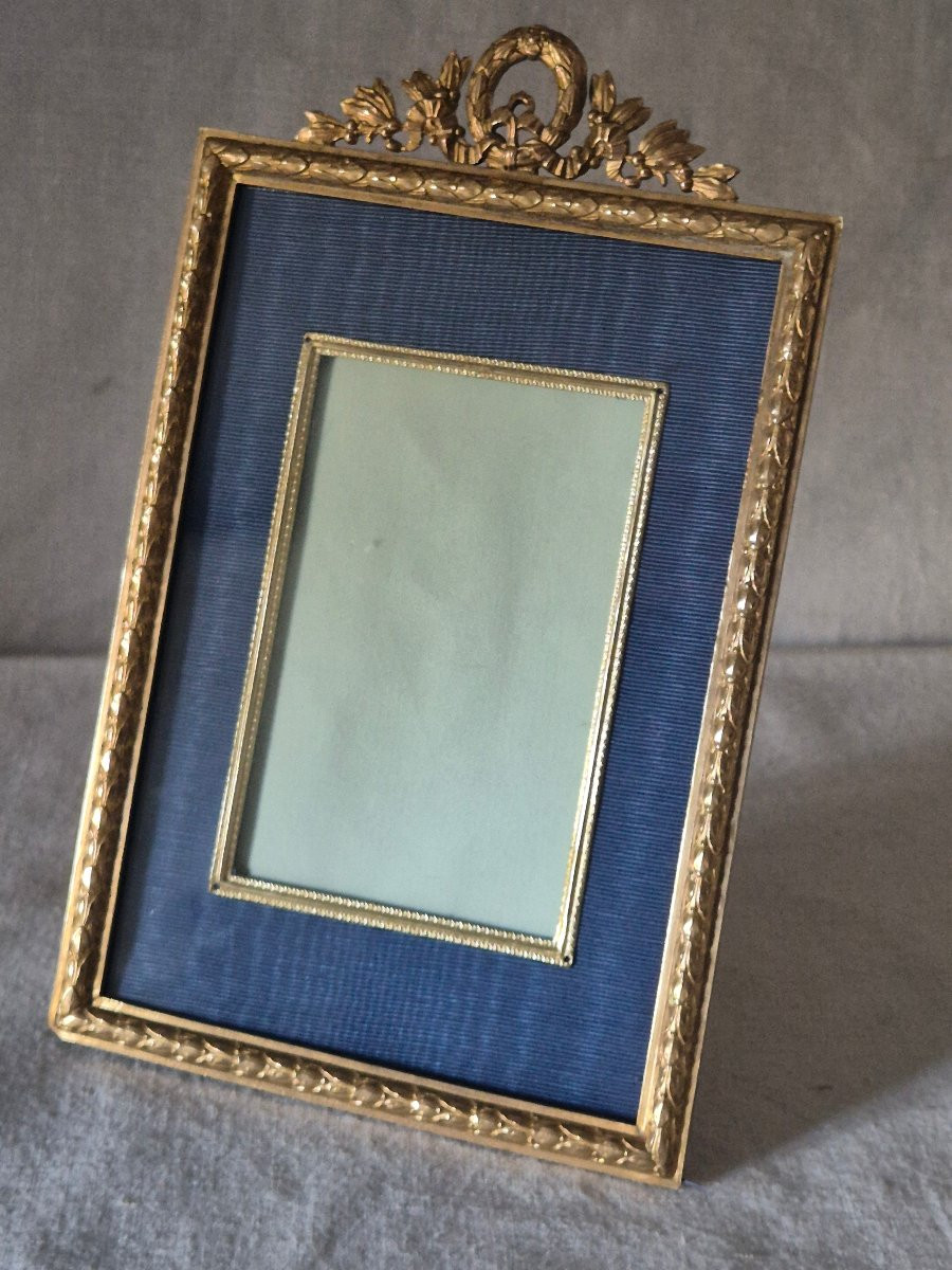 Cadre photo bronze doré à passe partout en moire bleu Second Empire -photo-4