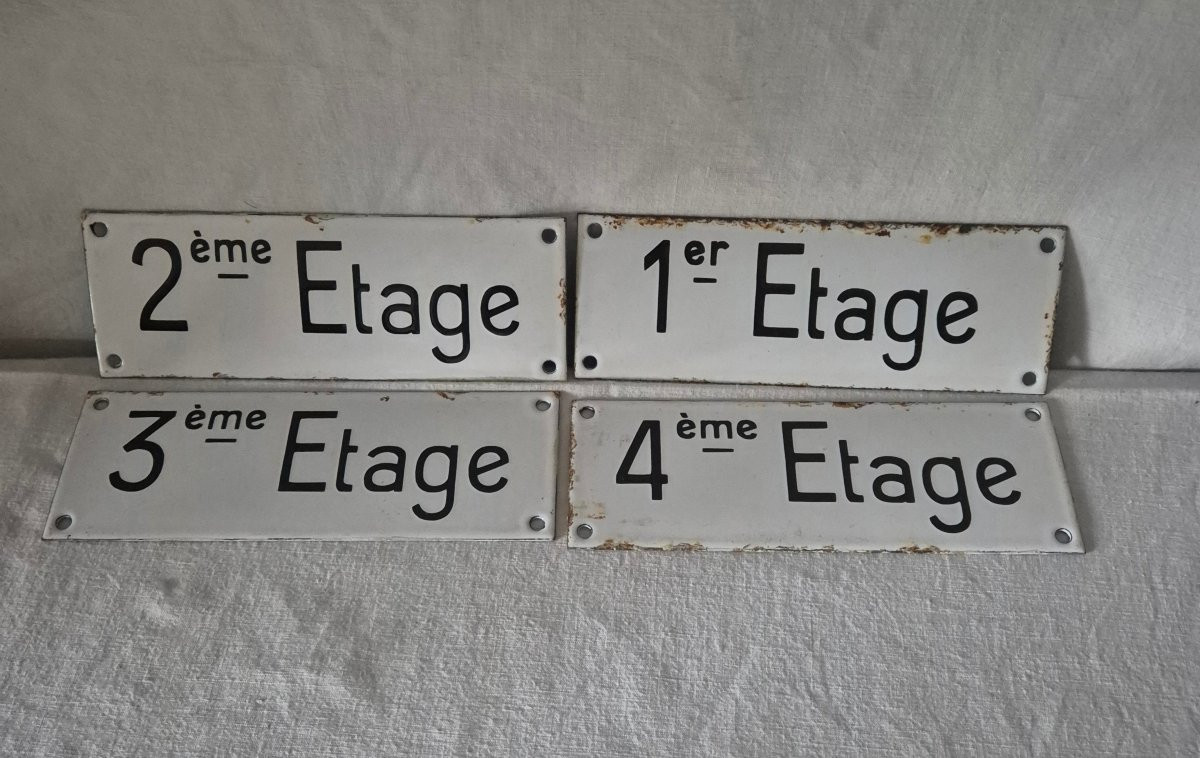 4 plaques signalétiques d'étages en émail sur métal noir et blanc -photo-3