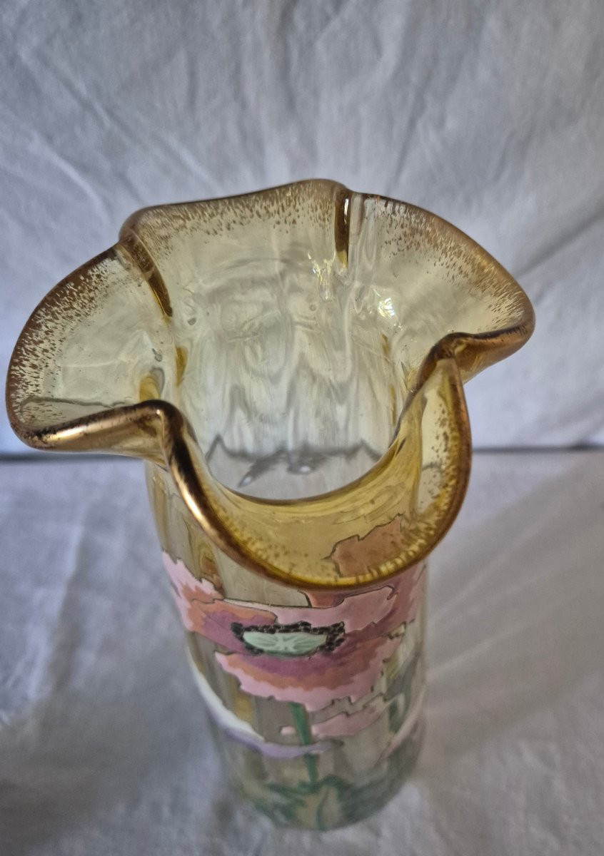 Enamelled Vase With Pink Poppy-poppy Design In Gradient Glass, Good Size-photo-2