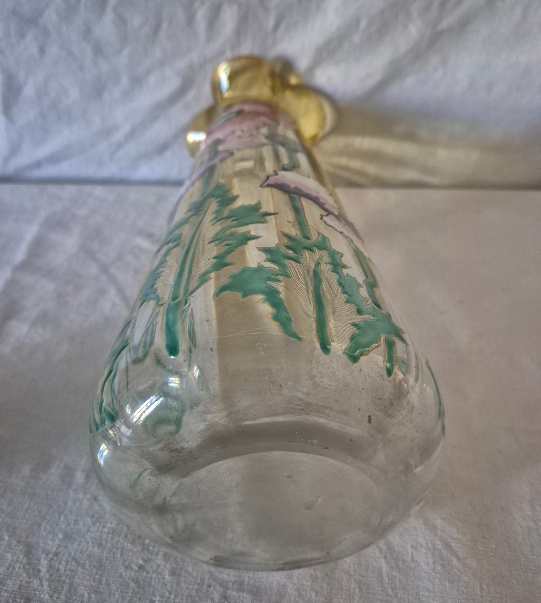 Enamelled Vase With Pink Poppy-poppy Design In Gradient Glass, Good Size-photo-1