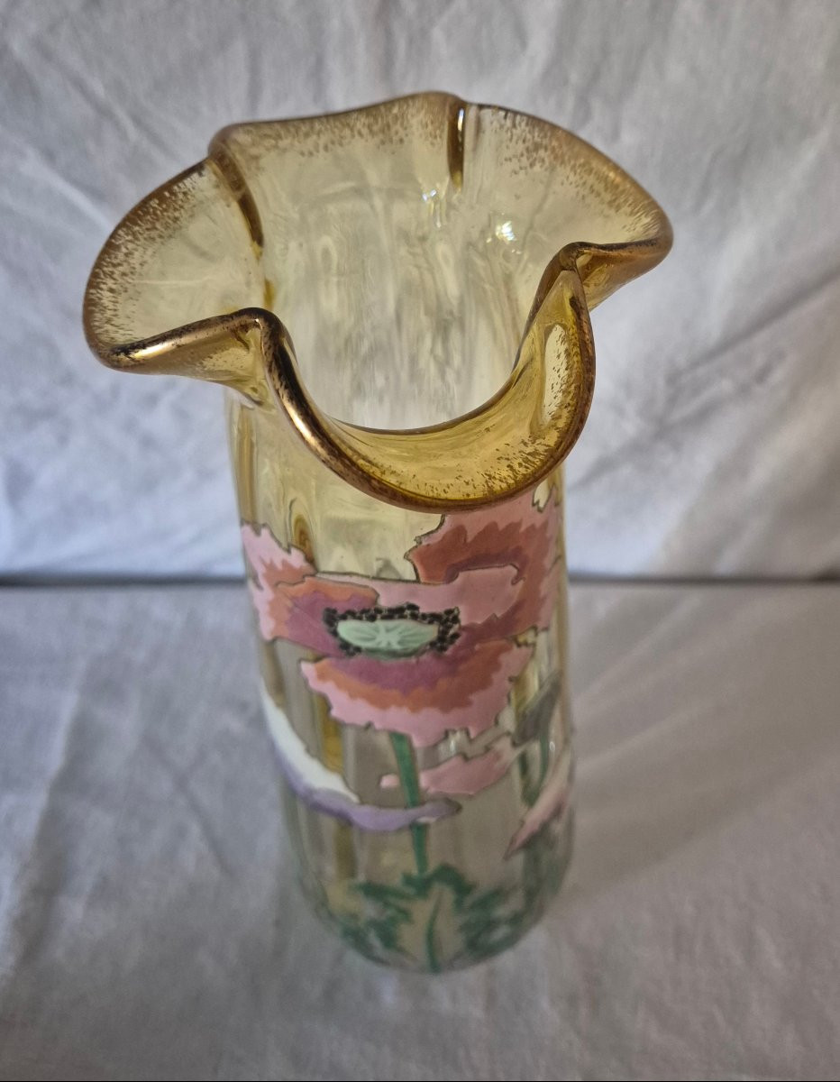 Enamelled Vase With Pink Poppy-poppy Design In Gradient Glass, Good Size-photo-2