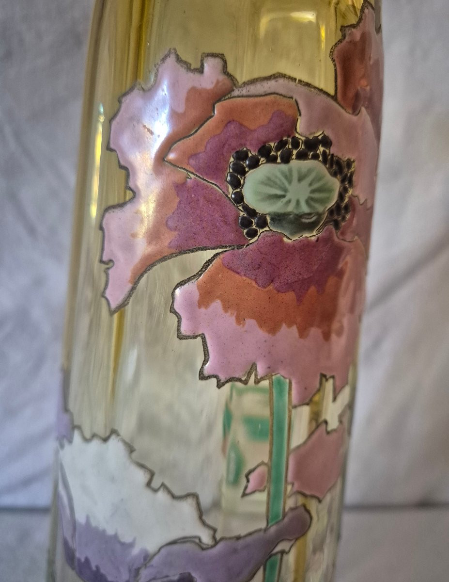 Enamelled Vase With Pink Poppy-poppy Design In Gradient Glass, Good Size-photo-3