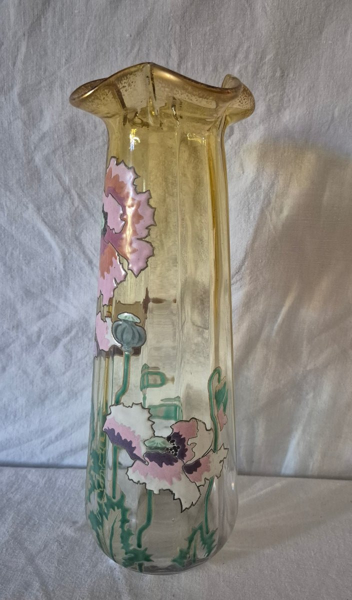 Enamelled Vase With Pink Poppy-poppy Design In Gradient Glass, Good Size-photo-6