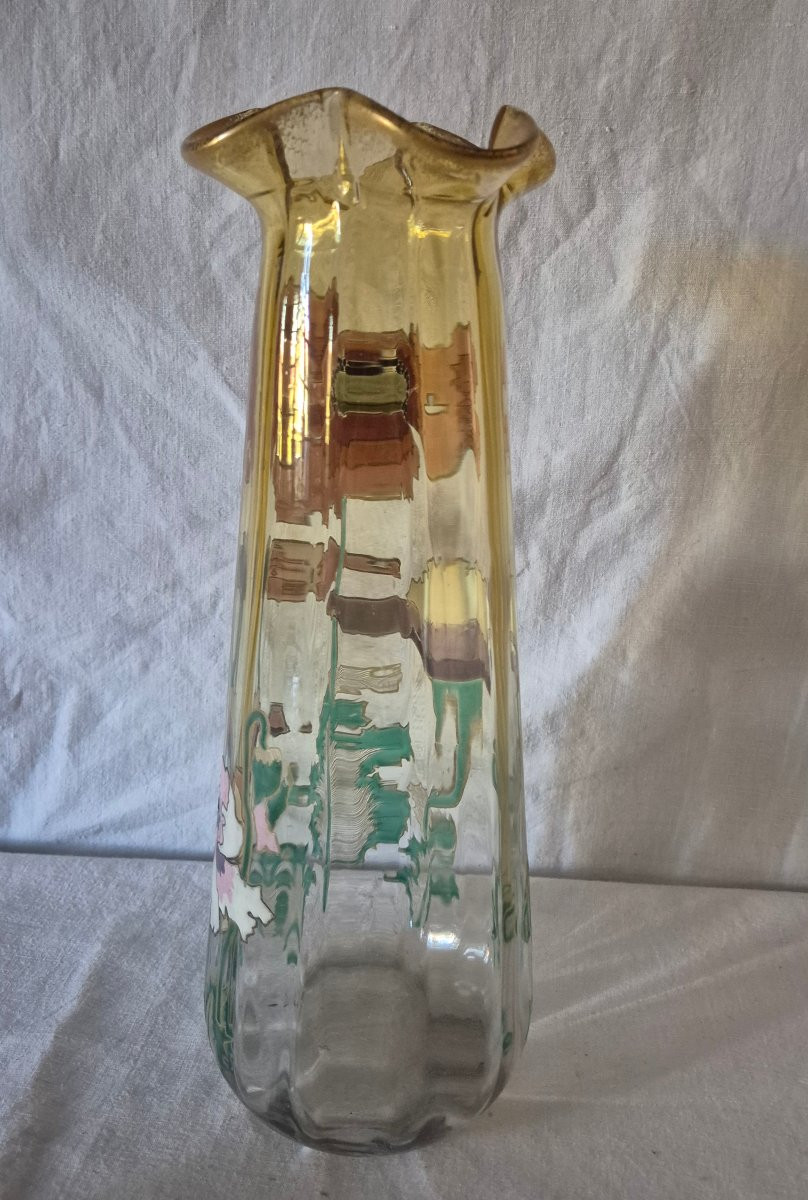 Enamelled Vase With Pink Poppy-poppy Design In Gradient Glass, Good Size-photo-7