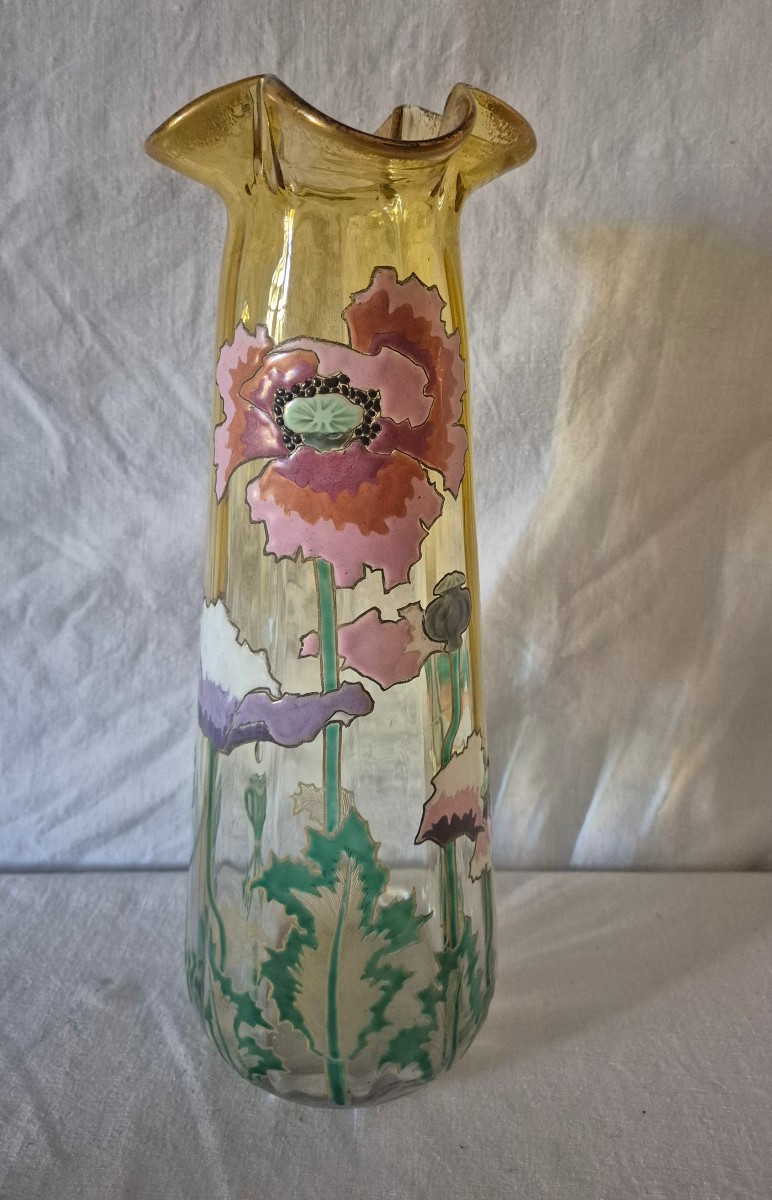 Enamelled Vase With Pink Poppy-poppy Design In Gradient Glass, Good Size