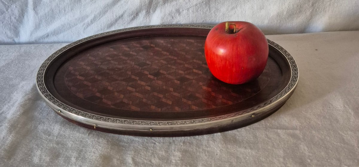 Plateau ovale en marqueterie de bois et argent -photo-4