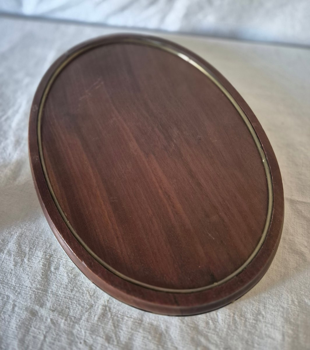 Plateau ovale en marqueterie de bois et argent -photo-6