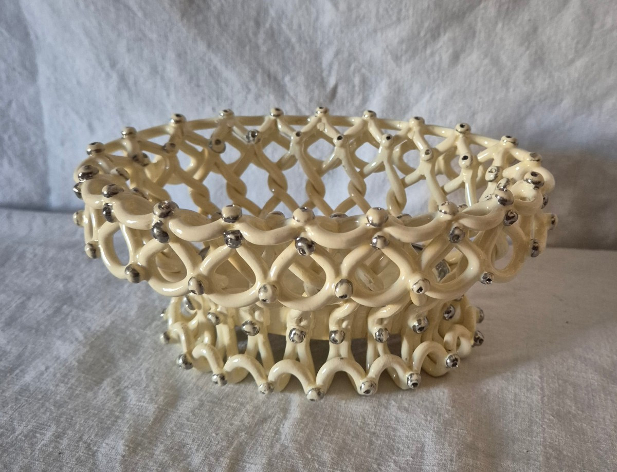 19th Century Langeais Earthenware Jardinière Basket In Ivory And Platinum Tones