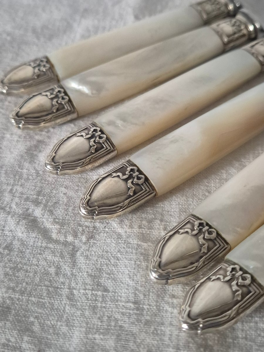 Série de six couteaux à fruits - fromage en nacre et argent du XIXème siècle -photo-3