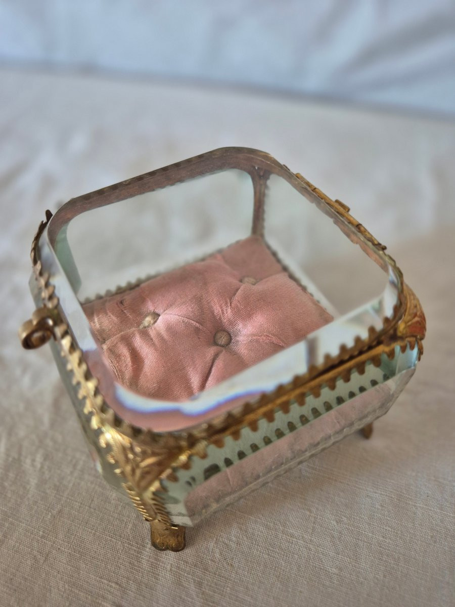 Boîte coffret à bijoux carré Napoléon III bronze et verres à chanfrein -photo-2