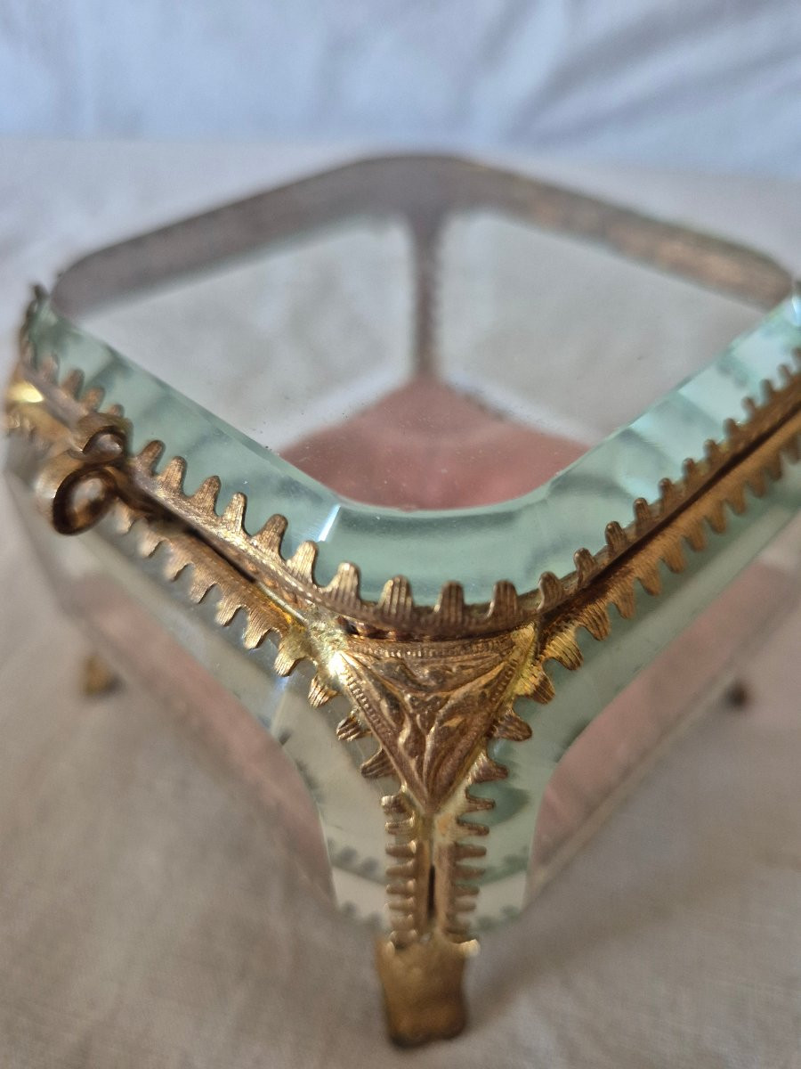 Boîte coffret à bijoux carré Napoléon III bronze et verres à chanfrein -photo-4