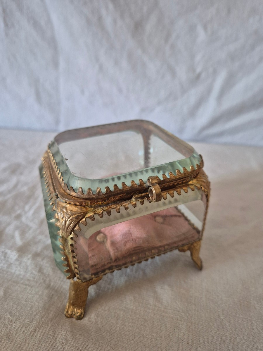 Boîte coffret à bijoux carré Napoléon III bronze et verres à chanfrein 