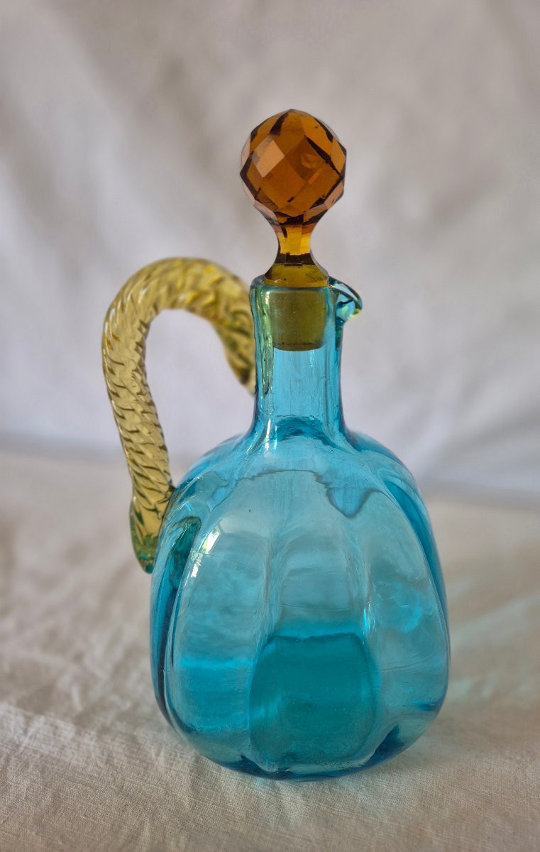George Sand Amber And Turquoise Blue Glass Carafe With Handle By Portieux, 19th Century-photo-1