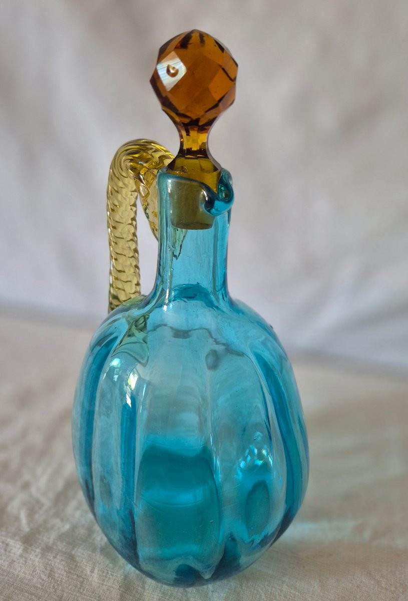 George Sand Amber And Turquoise Blue Glass Carafe With Handle By Portieux, 19th Century-photo-2