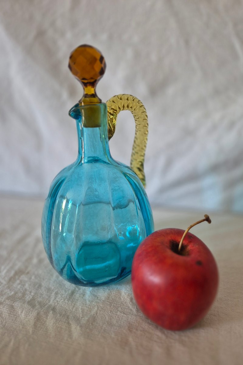 George Sand Amber And Turquoise Blue Glass Carafe With Handle By Portieux, 19th Century-photo-3